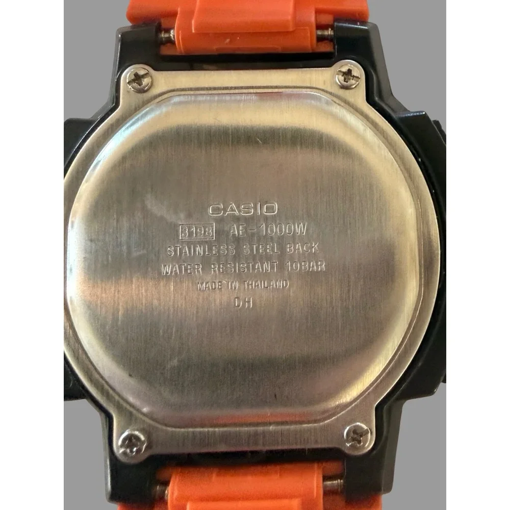 Casio AE-1000W-4BV World Time Digital Watch Orange Band 5 Alarms WR100M